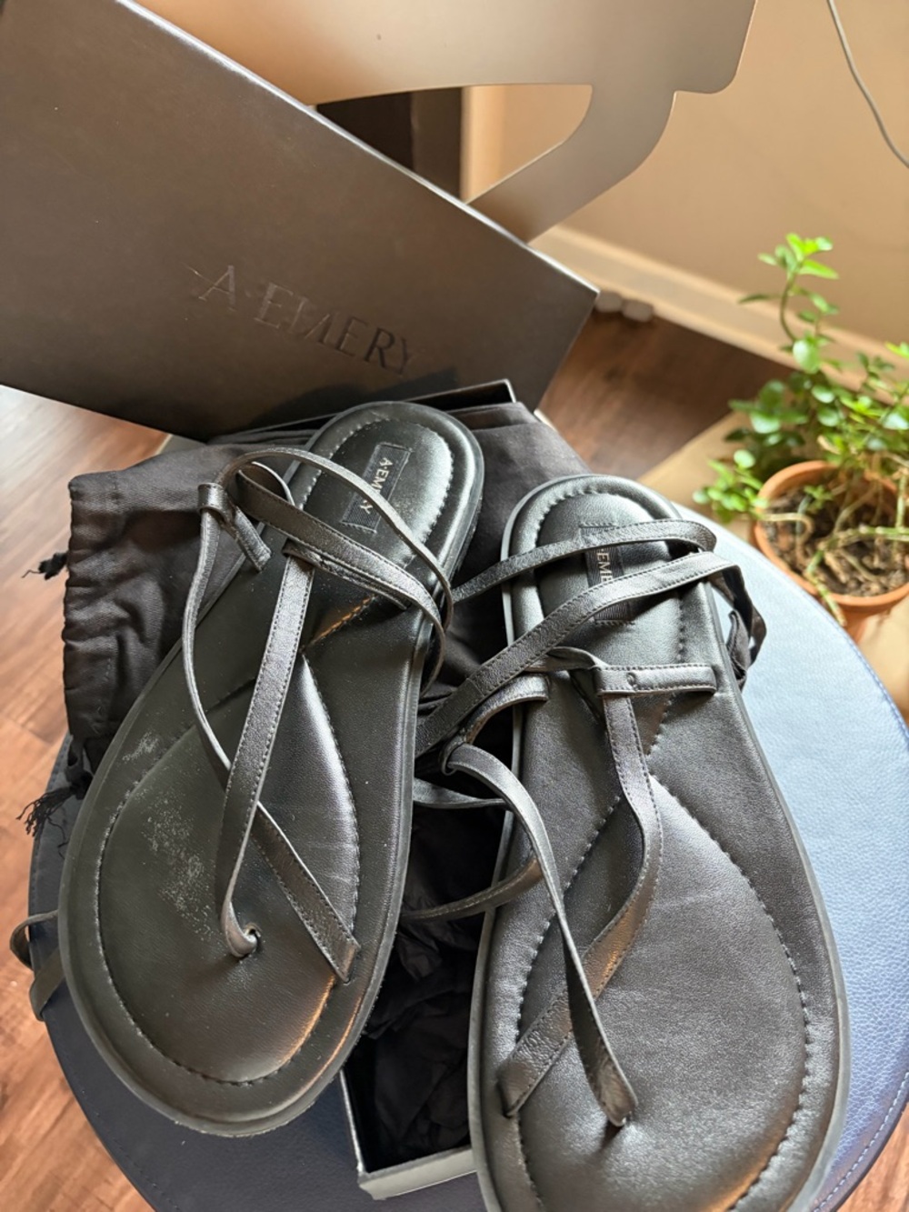 A.EMERY Black Leather Strappy Flat Sandals for Women